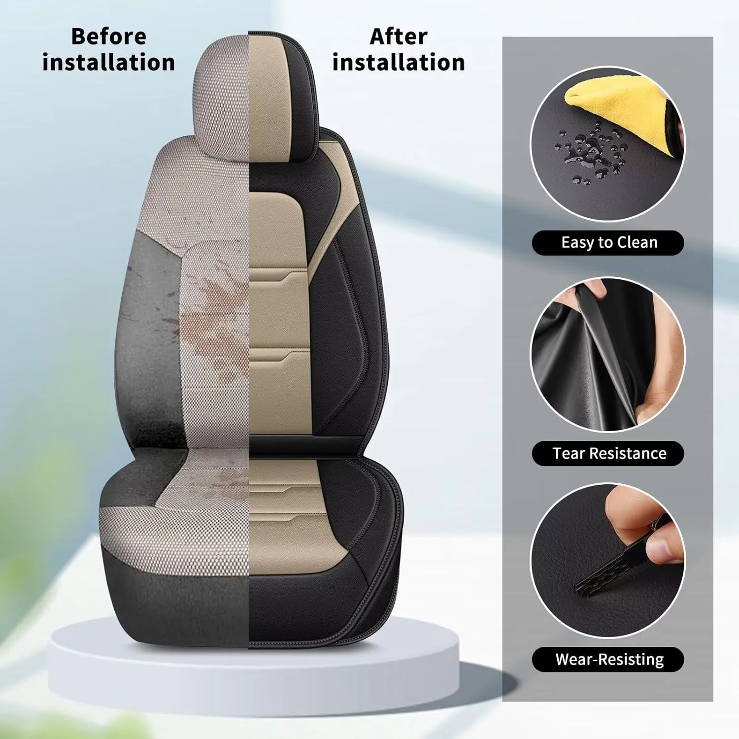 YORKNEIC 2 Front Car Seat Covers for Jeep Compass 2012-2024 2025 Faux Leather Waterproof Seat Covers Automotive Seat Protectors Cushions with Airbag Compatible(2 Front Seat,Black&Beige)