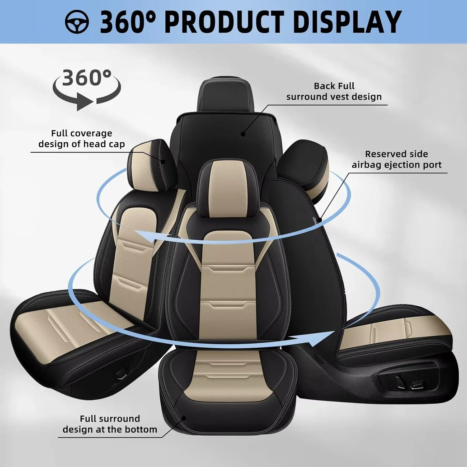 YORKNEIC 2 Front Car Seat Covers for Jeep Compass 2012-2024 2025 Faux Leather Waterproof Seat Covers Automotive Seat Protectors Cushions with Airbag Compatible(2 Front Seat,Black&Beige)