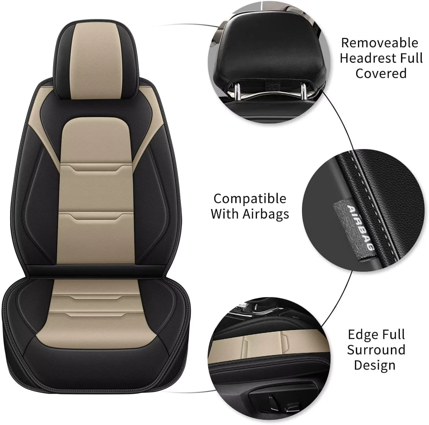 YORKNEIC 2 Front Car Seat Covers for Jeep Compass 2012-2024 2025 Faux Leather Waterproof Seat Covers Automotive Seat Protectors Cushions with Airbag Compatible(2 Front Seat,Black&Beige)