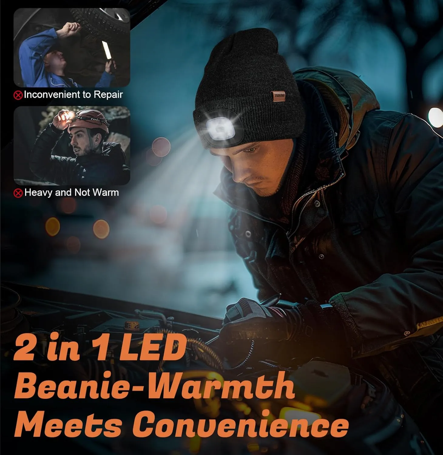 YunTuo Fleece Lined Beanie Headlamp Hat with Light, Rechargeable LED Winter Cap, Gifts for Men Women Husband