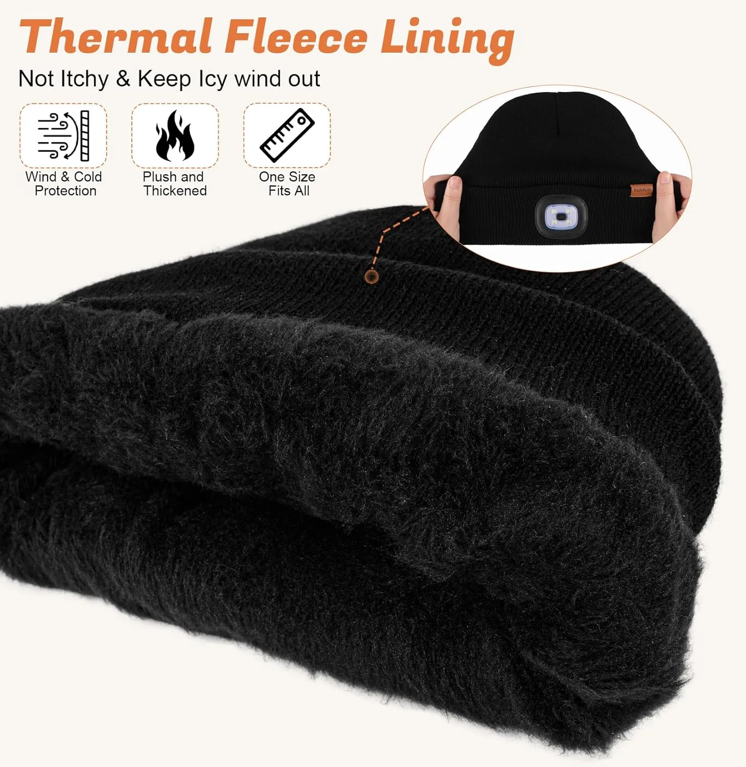 YunTuo Fleece Lined Beanie Headlamp Hat with Light, Rechargeable LED Winter Cap, Gifts for Men Women Husband