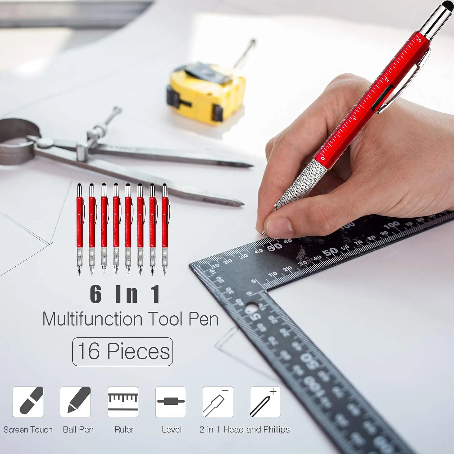 Zhanmai 16 Pieces 8 Pcs Gifts for Men Fathers Day Dad Gifts from Daughter Son Wife 6 in 1 Multitool Pen Set with Refills Screwdriver Ruler Levelgauge Birthday Graduation (Red)